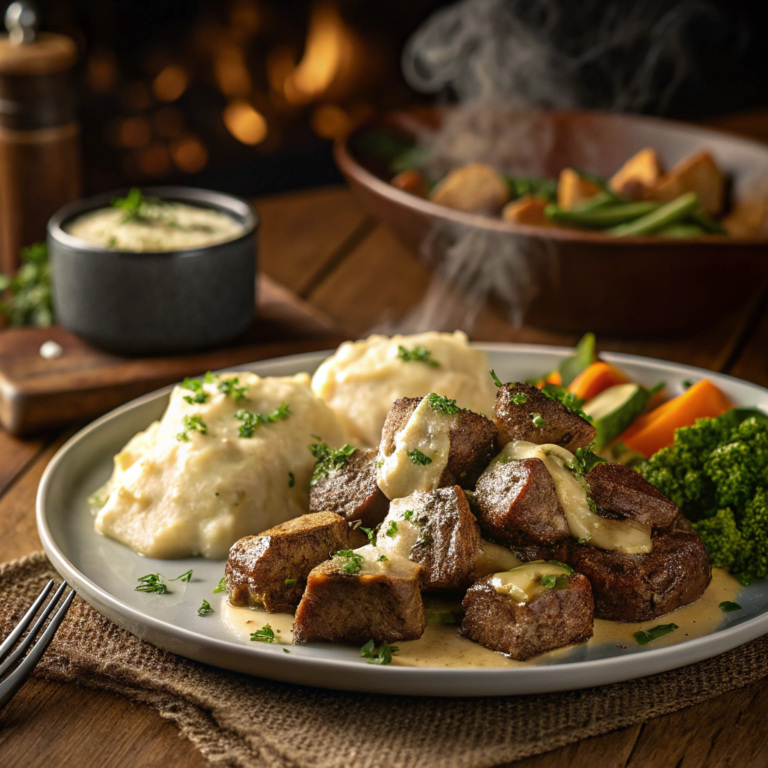 Garlic Butter Steak Bites with a creamy Parmesan sauce