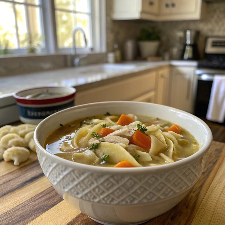 A warm bowl of homemade chicken noodle soup with shredded chicken, carrots, celery, and egg noodles, garnished with fresh parsley.