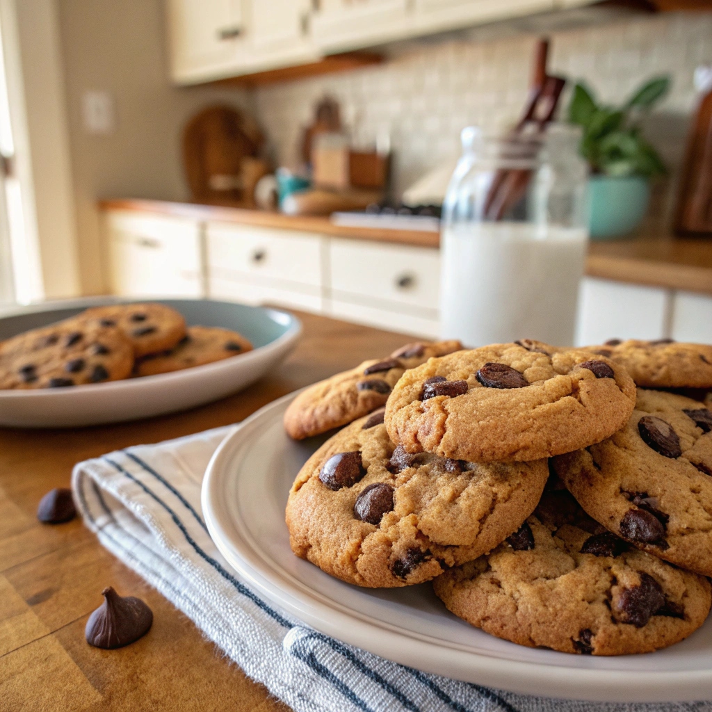 A stack of thick and gooey Levain Bakery Chocolate Chip Cookies, golden brown with melty chocolate chips, served on a rustic wooden board with a glass of milk.