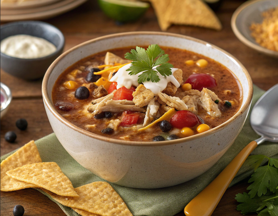 Bowl of Spark Chicken Taco Soup with chicken, tomatoes, corn, black beans, and crispy tortilla strips, garnished with cilantro, sour cream, and shredded cheese.